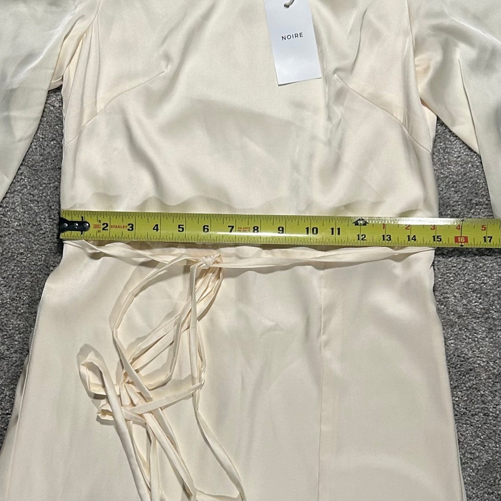 NOIRE Women Cream Satin Long Sleeve Midi Dress with Front Slit and Waist Tie S - Picture 5 of 13